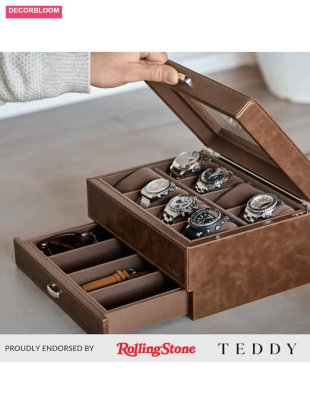 Faux Leather 8 Slot Watch Case with Storage Drawer for Men, Extra-Wide Pillows,
